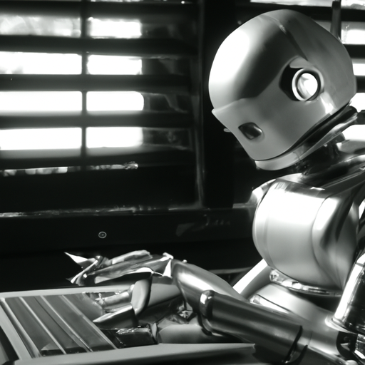 cheap retro space age 1950s sci-fi robot writing on laptop