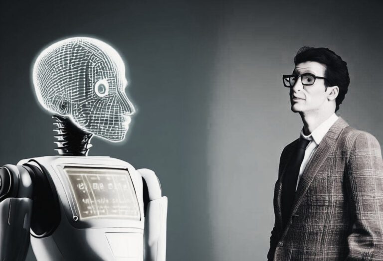 A free ai copywriting assistant robot communicates with a human